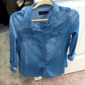 Denim Blouse with brown suede elbow patches